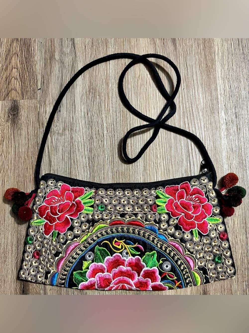 Embroidered Floral Shoulder/ Crossbody Bag - No Brand